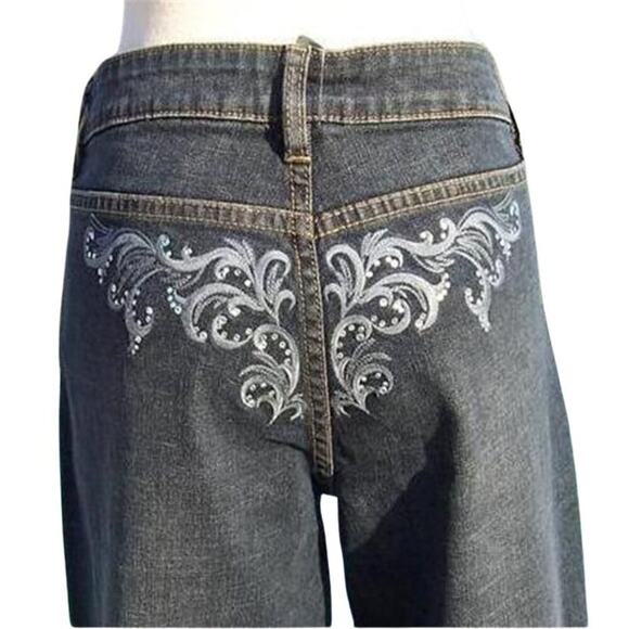 Cache Embroidery Rhinestone Embellished Dark Jean Straight Pant Stretch NWT $128 - Picture 1 of 4